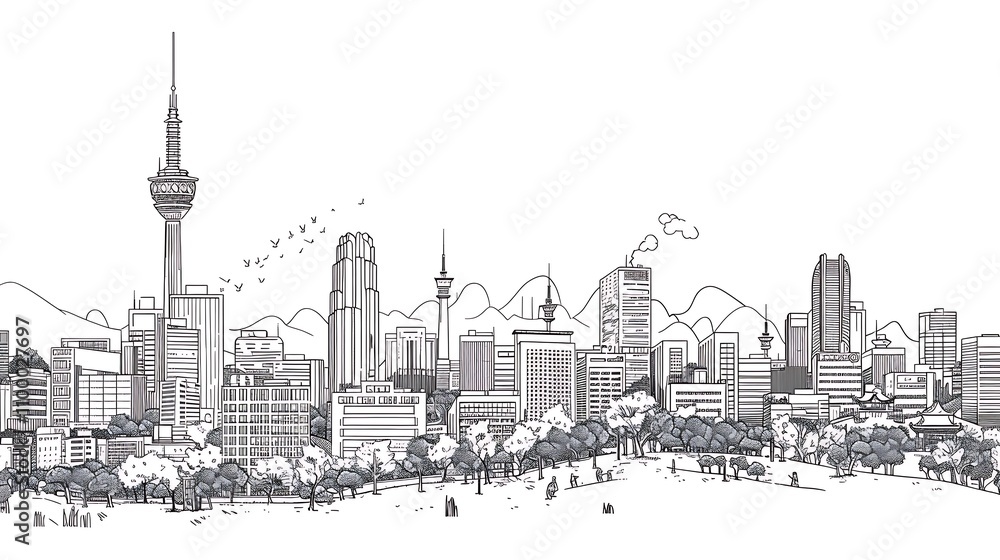 Obraz premium A monochrome illustration of a city skyline with buildings, trees, and mountains in the background.