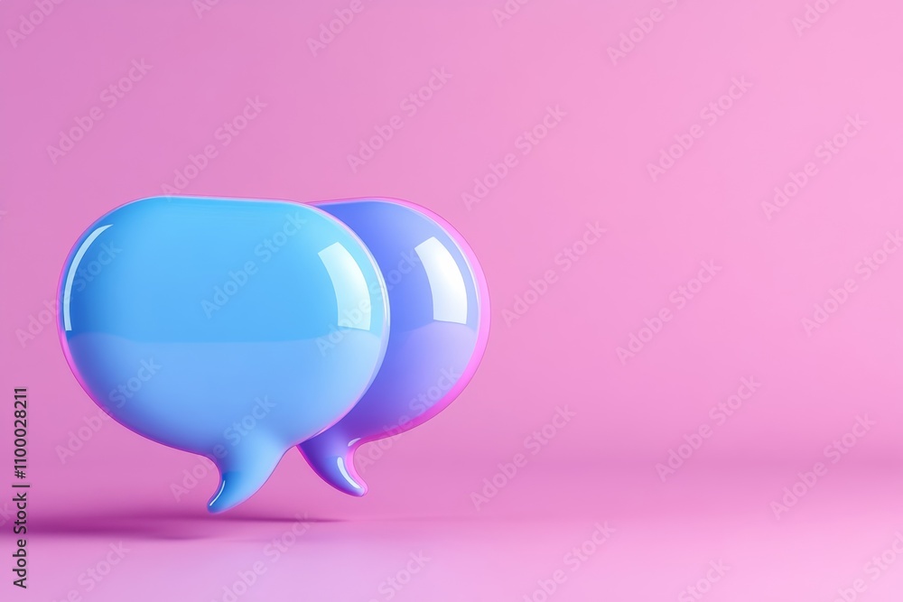 Neon-colored 3D speech bubbles in blue and purple on a gradient purple background, symbolizing digital communication Neon-colored 3D speech bubbles in blue and purple on a gradient purple background, symbolizing digital communication