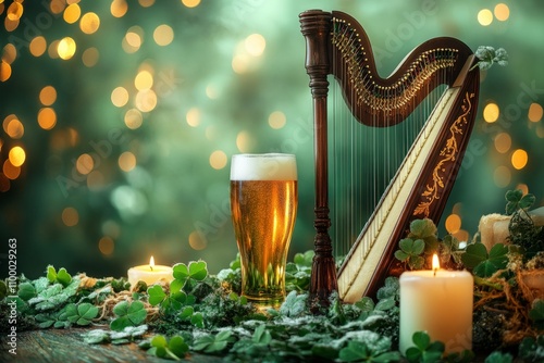 Irish harp, beer and candles celebrating saint patrick's day with shamrocks and bokeh lights photo