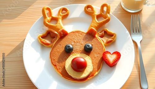 Festive reindeer pancakes decorated with strawberry and blueberry for joyful breakfast meal
