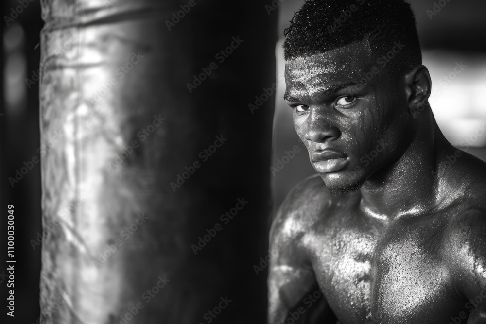 Obraz premium Muscular athlete practicing boxing punches on heavy bag near window in gritty, atmospheric gym