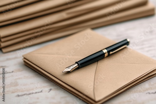 Wallpaper Mural Vintage desk scene with envelope, ink pen, and inkwell on table; muted tones of brown, black  Torontodigital.ca