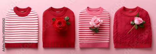 Red and pink sweaters with roses. Behold the garments adorned with hues of red and pink, embellished with roses, capturing the fairest essence of winter's gentle embrace. photo