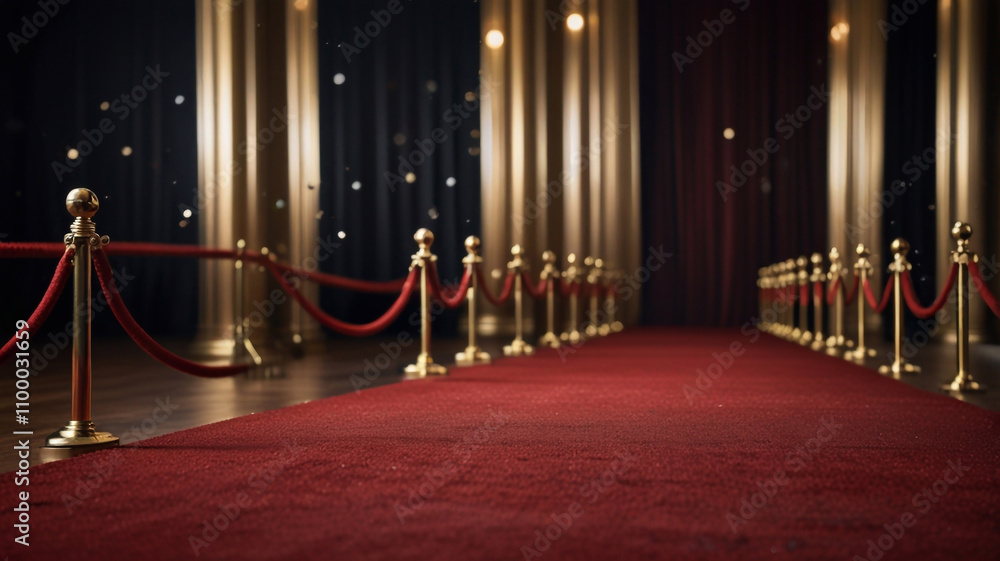 A red carpet rolling out in front of a glamorous movie premiere backdrop. A red carpet rolling out in front of a glamorous movie premiere backdrop.