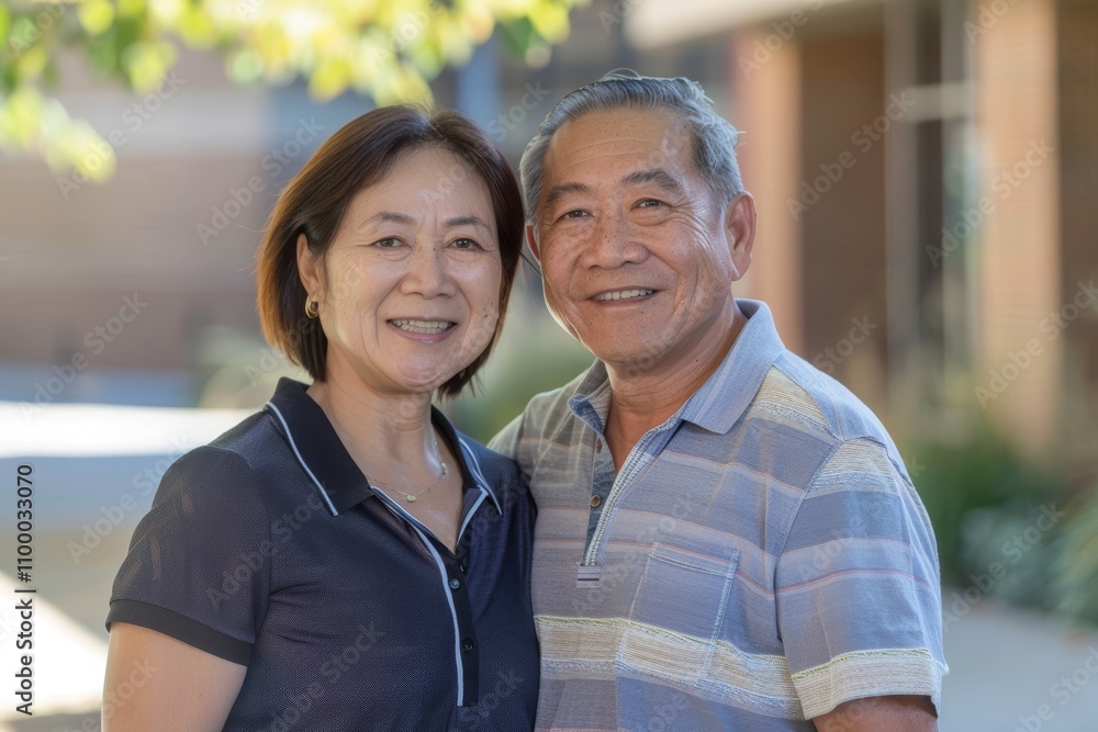 Naklejka premium Portrait of a smiling asian couple in their 50s wearing a sporty polo shirt while standing against modern university campus background