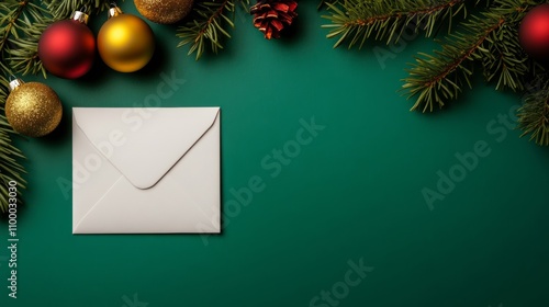 Christmas-themed background featuring a white envelope; colors include red, green, gold, silver, and white 