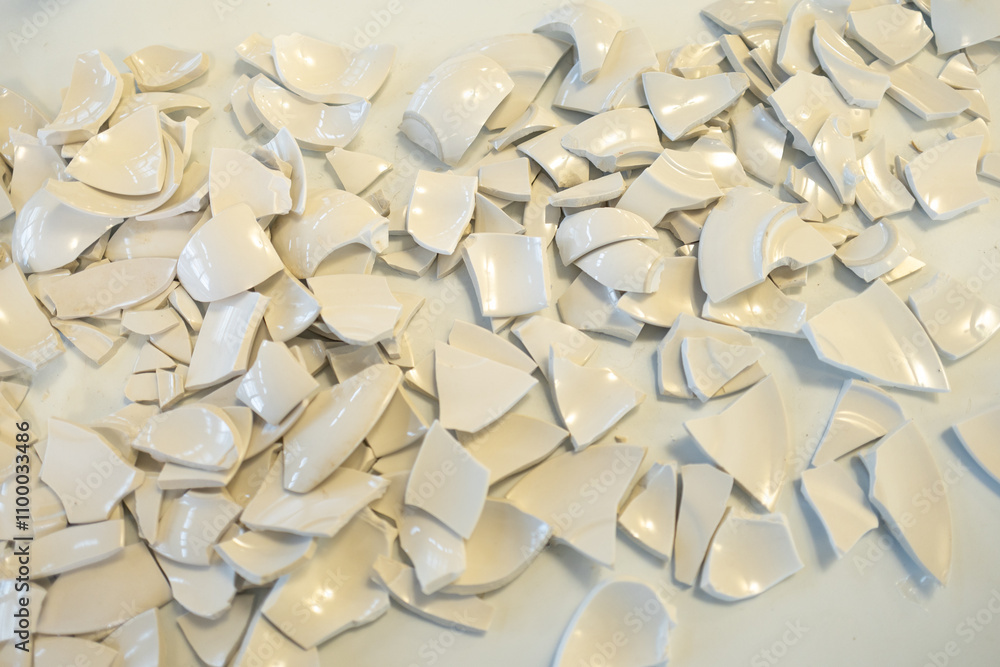 Obraz premium Broken break white ceramic dish in to many piece background