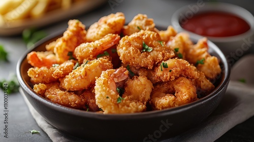 Breaded and fried shrimps with parsley and tomato dip filling a bowl