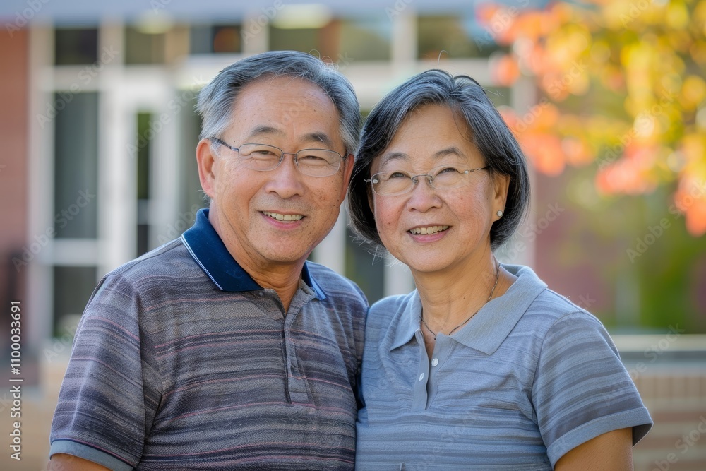 Fototapeta premium Portrait of a smiling asian couple in their 50s wearing a sporty polo shirt over modern university campus background