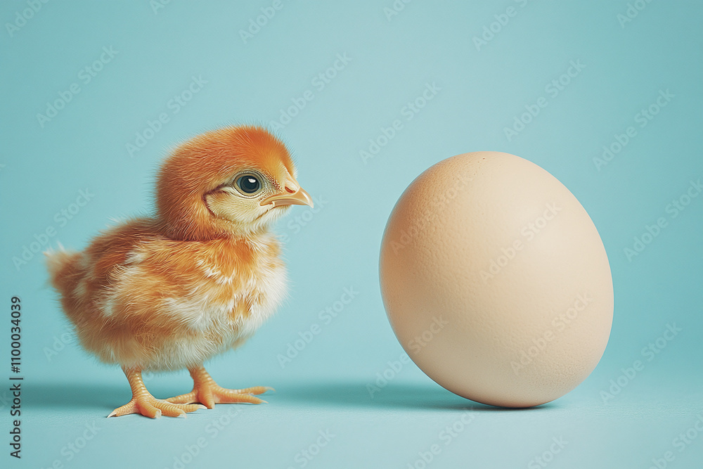 Fototapeta premium Egg versus chicken dilemma, cute characters depict.