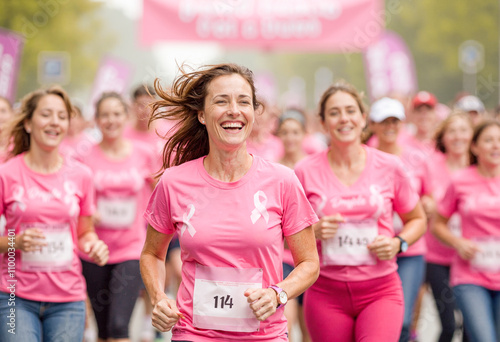 Women running marathon for breast cancer awareness