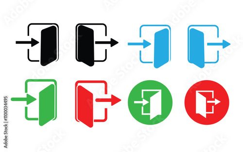 Login and logout icon set. Login and logout account icons. Exit and enter arrow symbol. Quit and entry pictogram. Login and logout button vector illustration.