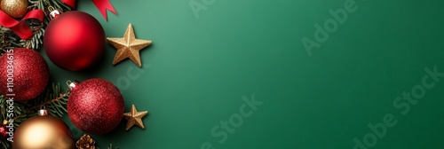 Festive Christmas decorations of red, gold baubles, stars, ribbons on vibrant green background for holiday cheer 