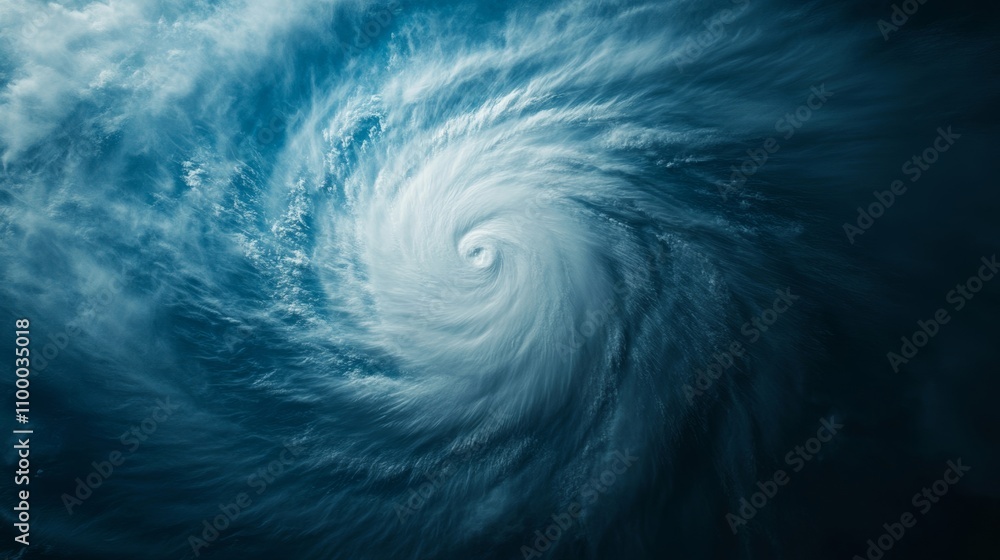 Naklejka premium Satellite captures swirling hurricane storm from above, with dynamic blues, grays, and whites highlighting intensity 