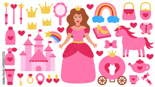 Set of Princess pink elements. Girl in beautiful dress. Vector flat illustration.