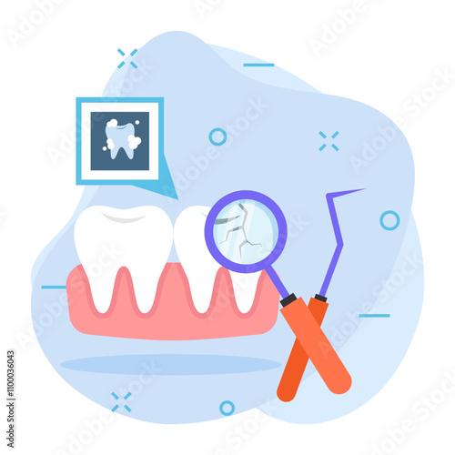 cracked dental crown Fractured Teeth Exam using Mouth mirror concept, Checking Tooth explorer sickle probe vector icon design, Dentistry symbol, Healthcare sign, Dental instrument stock illustration