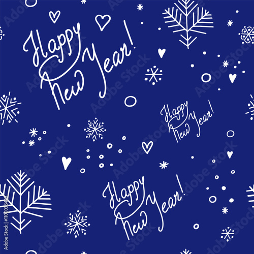 Seamless pattern Happy New Year doodle drawing, for design, background, wrapping paper. Vector illustration.