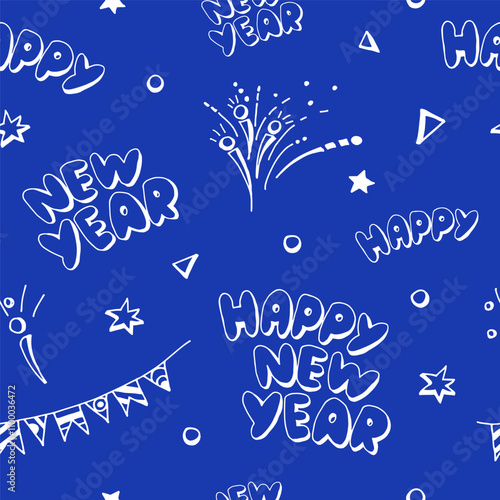 Seamless pattern Happy New Year doodle drawing, for design, background, wrapping paper. Vector illustration.