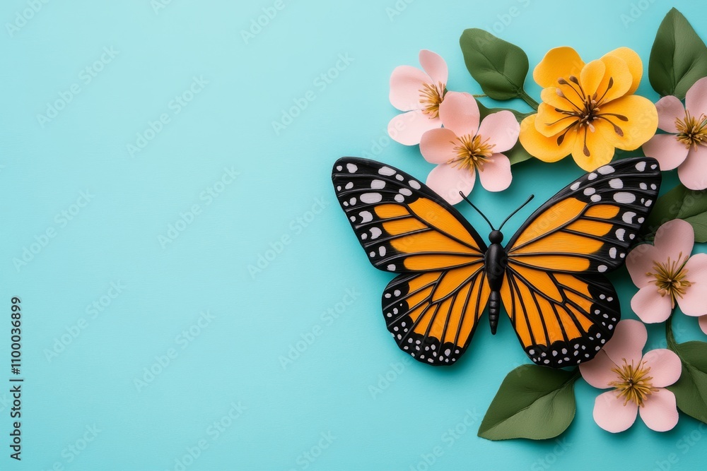 Obraz premium Springtime scene showcasing a butterfly and blossoms on a turquoise background; turquoise, pink, and yellow 