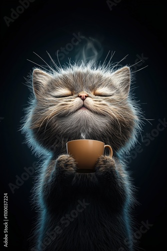 Relaxing Fluffy Cat Holding a Steaming Coffee Cup with a Joyful Expression