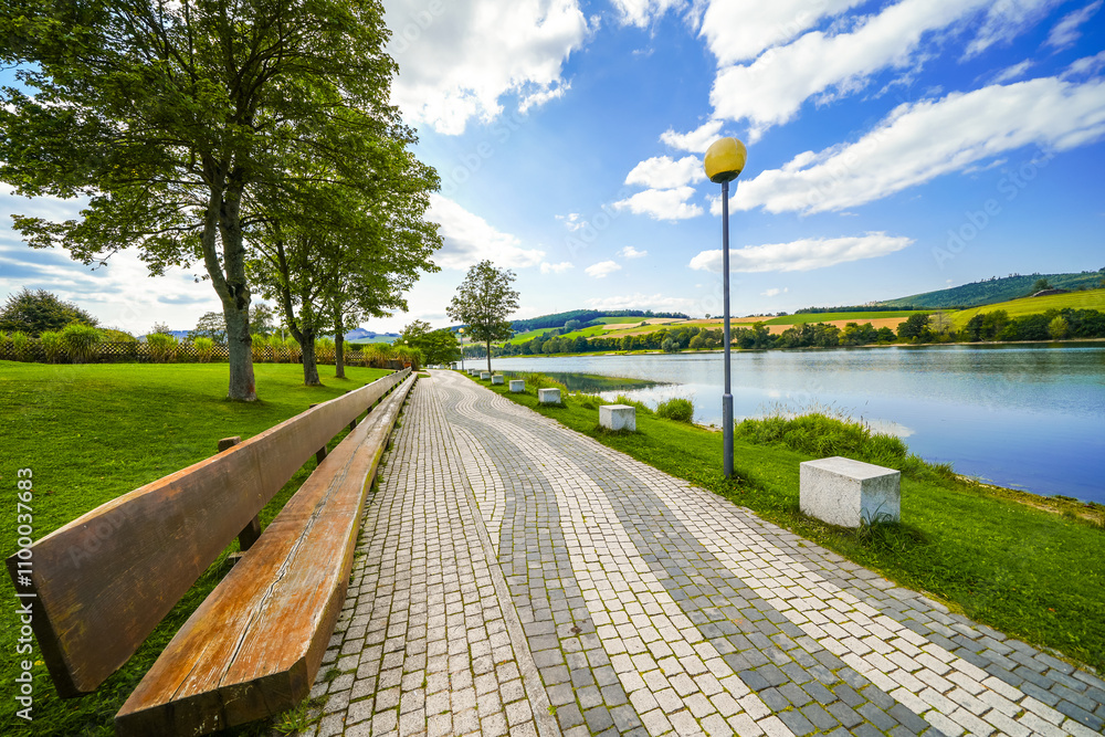 Naklejka premium View of Lake Diemelsee and the surrounding landscape. Idyllic nature at the reservoir in Sauerland.