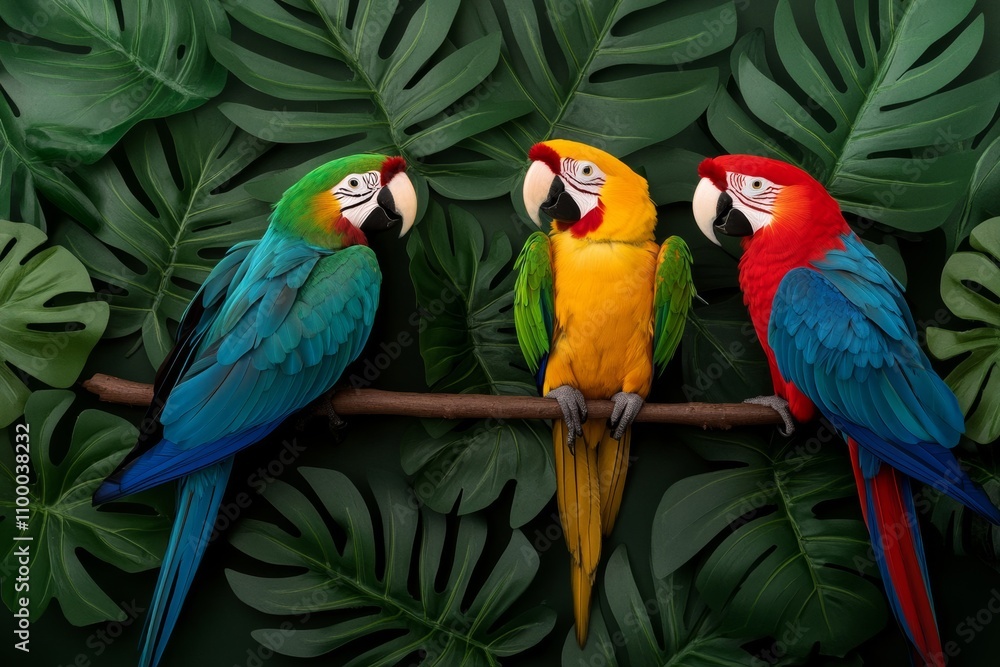 Fototapeta premium Vibrant tropical rainforest featuring colorful parrots among lush greenery; vivid greens and rainbow hues dominate 