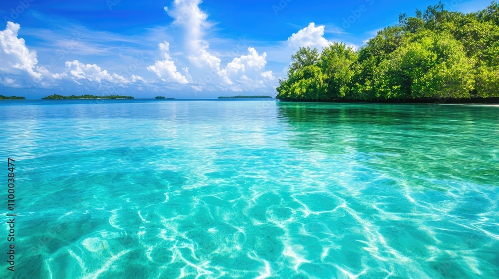 Fototapeta premium Serene Tropical Paradise with Crystal Clear Waters and Lush Green Foliage Under Bright Blue Skies and Fluffy Clouds in a Calm Oceanic Landscape