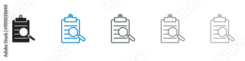Set of 5 "Inspection" icons 1 unexpanded vector, 1 silhouette - Professional inspection icon featuring magnifying glass over checklist or document, symbolizing thorough examination & evaluation