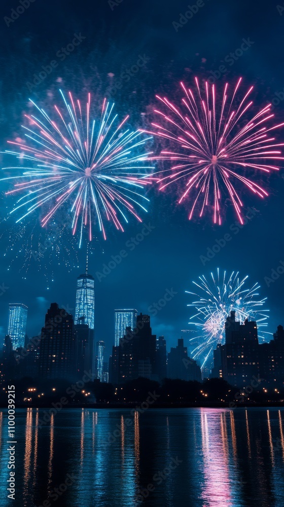 Fototapeta premium Multicolored fireworks sparkle in the night sky illuminating silhouetted cityscape with vivid reflections on water