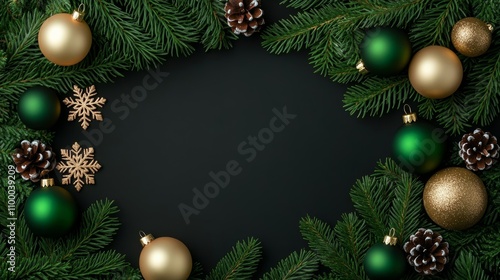 Festive Christmas background featuring snowflakes, ornaments, and pine branches in red, green, and gold colors 