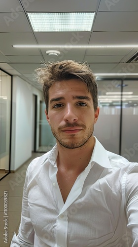 Young Man in White Shirt in Modern Office Corridor
