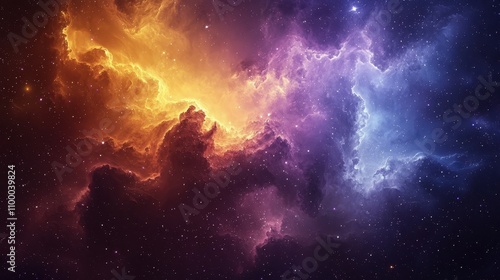 A cosmic-inspired background featuring swirling nebula clouds in deep purples, blues, and vibrant golds. Tiny twinkling stars dot the expanse, adding depth and a celestial charm. The ethereal 