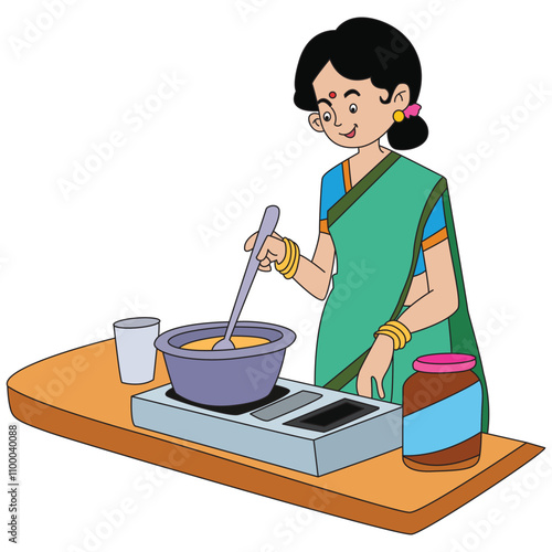 Mother cooking food on gas vector illustration Vector