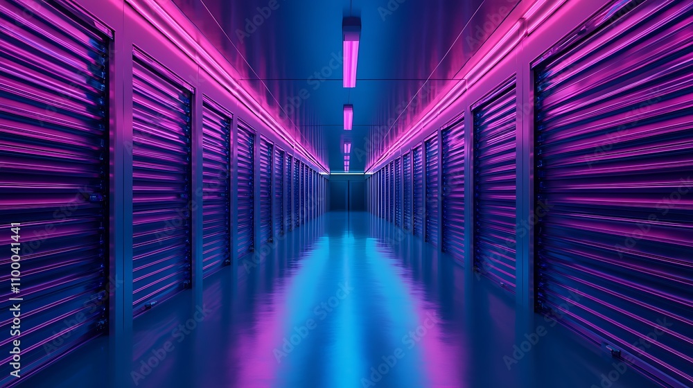 Fototapeta premium Neon Lit Corridor Of Storage Unit Doors
