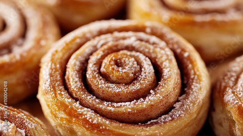 A close-up of cinnamon rolls, freshly baked and dusted with sugar on top. The rolls have an elegant spiral shape that resembles the flower-like appearance of chrysanthemums. 