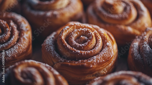 A close-up of cinnamon rolls, freshly baked and dusted with sugar on top. The rolls have an elegant spiral shape that resembles the flower-like appearance of chrysanthemums. 