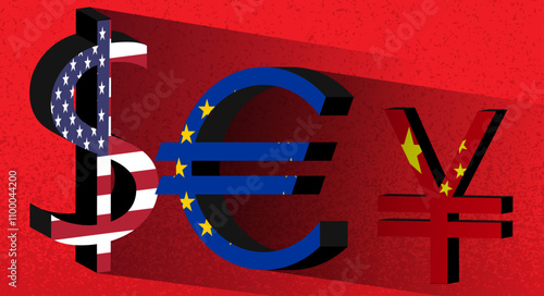 Dollar, Euro, Yuan Currency Symbol sing. China, Europe Union, USA  banner, template, background, web. Partnerships trade, strategic partnership, sanctions, duties.	