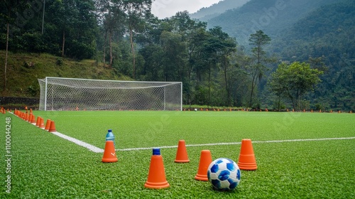 A soccer net with a ball resting at the base, alongside training cones and a water bottle on the field photo