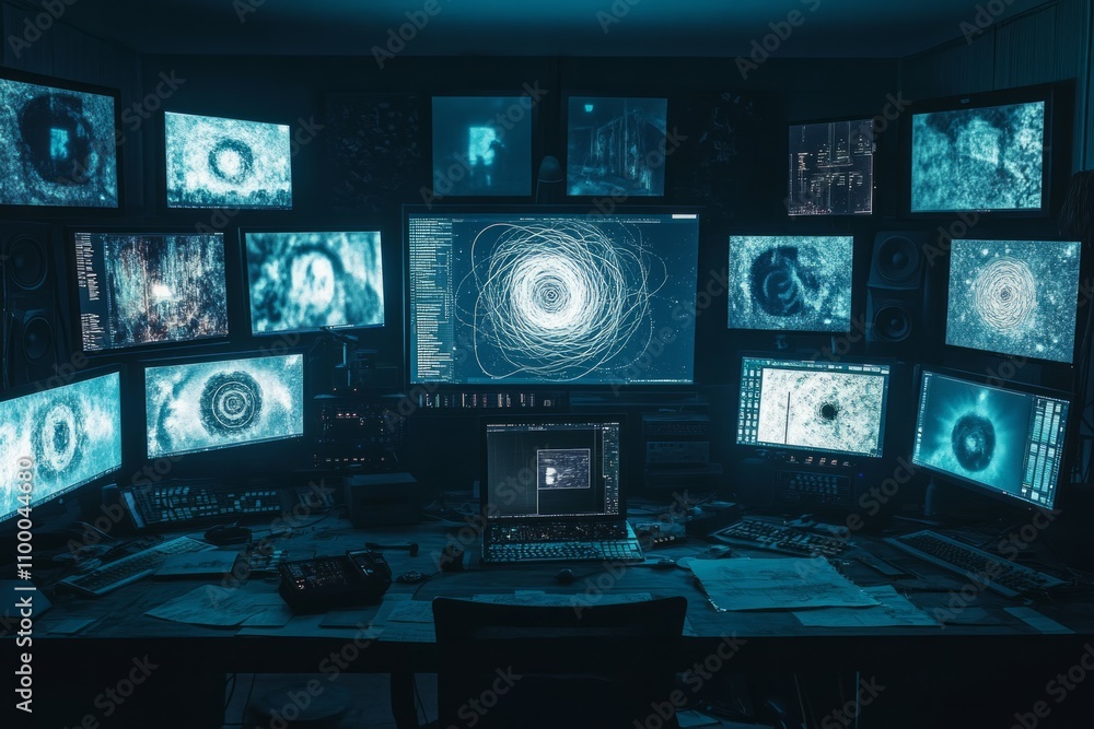 Naklejka premium A dimly video editing room, illuminated only by the glow of multiple monitors