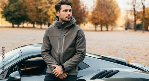 Man in Softshell Jacket Leaning on Sports Car