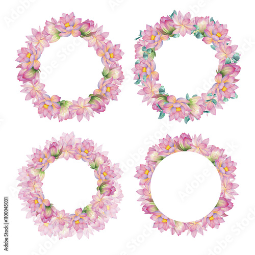 Pink lotuses, buds and flowers, eucalyptus branches. Set of Round frames, wreaths, Isolated on background. Watercolor illustration. Blank For design, decor and printing, souvenirs and postcards