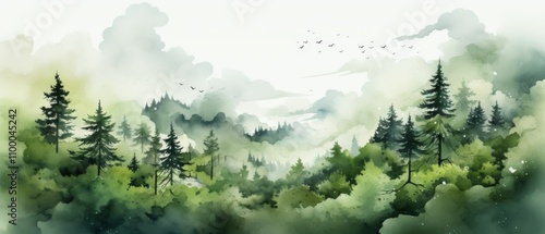 Serene World Forest Day Watercolor Landscape with Soft Green Tones photo