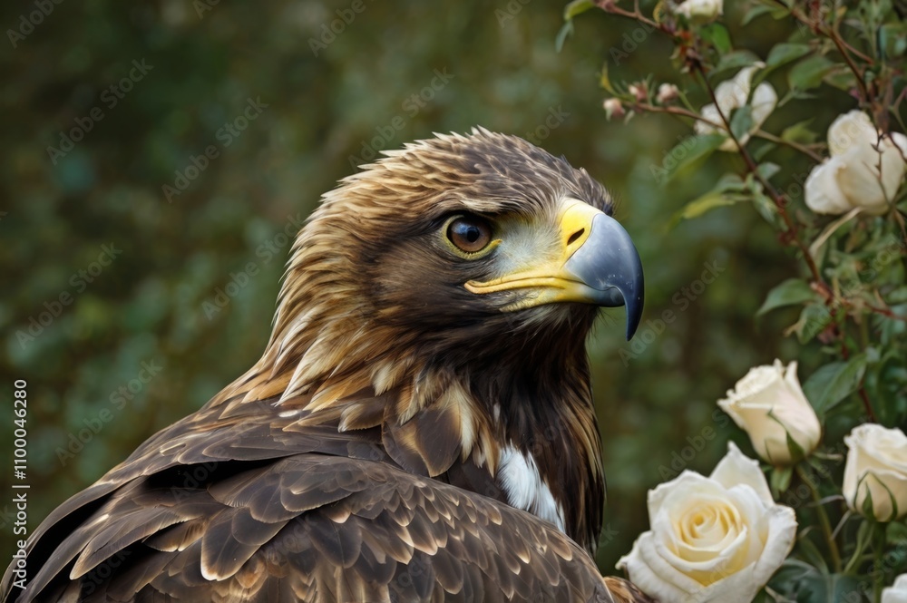 Naklejka premium graciously posed Canadian golden eagle, natural background, white and crimson roses, profile portrait, proud bird