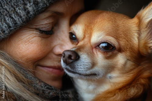 Close-up of a woman affectionately embracing her small, brown chihuahua dog.
