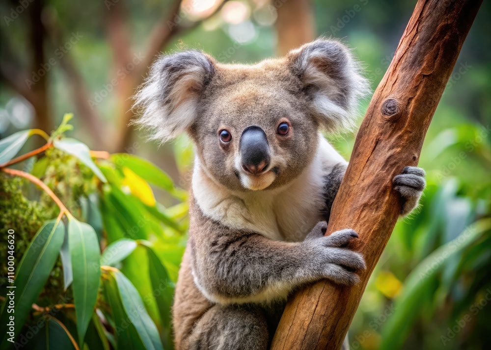 Fototapeta premium Playful koala clings to a branch in tilt-shift style, highlighting Australiaâ€™s unique wildlife, perfect for nature lovers and animal enthusiasts seeking stock photos.