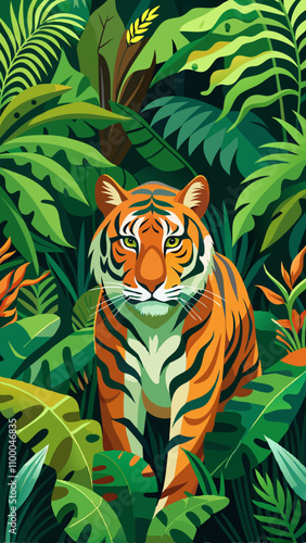 A tiger is standing in a jungle with green leaves and vines