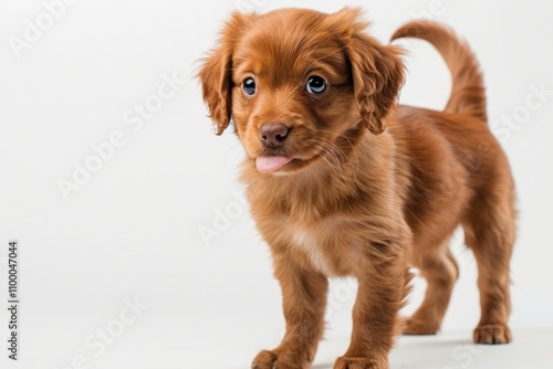 Adorable redhaired puppy with expressive eyes and a playful tongue sticking out. photo