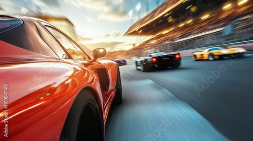 High-speed racing action on a vibrant track during sunset with multiple cars competing for victory