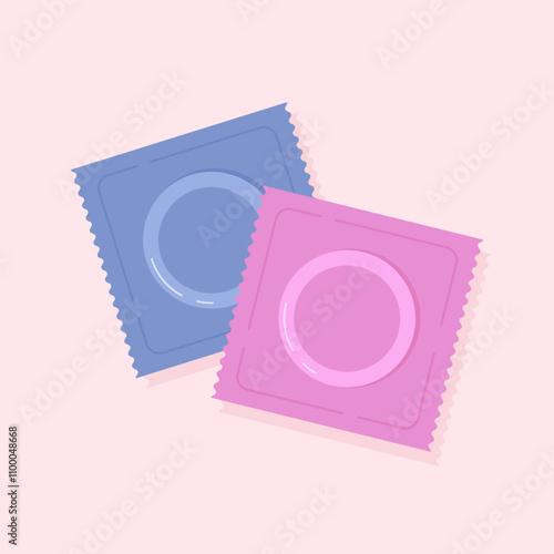 Set of male condoms package. Concept of contraception method, protection against infections, prevention HIV and AIDS and unwanted pregnancy. Birth control, safe sex concept. Vector flat icons