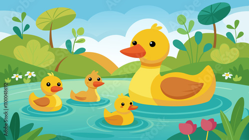 A group of ducks are swimming in a pond with a mother duck watching over them